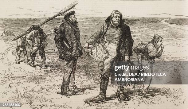 Fishermen on the beach near Dungeness, United Kingdom, illustration from the magazine The Illustrated London News, volume LXII, February 8, 1873.