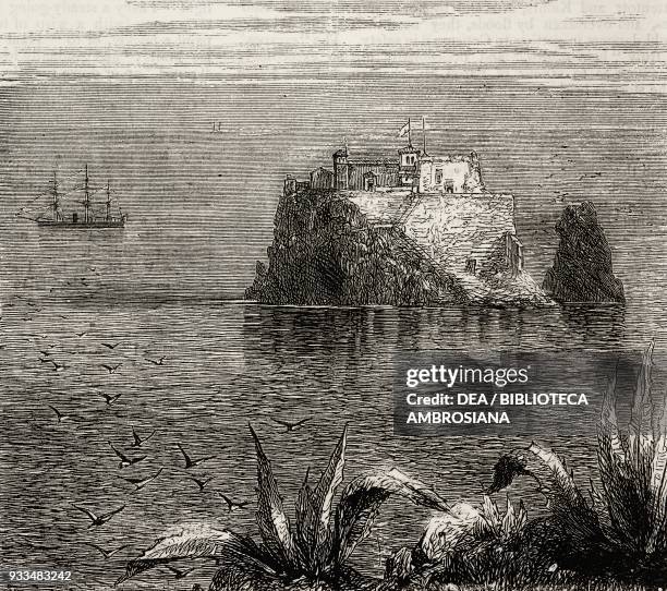 Loo Rock, signal station, Funchal Bay, Madeira, Portugal, illustration from the magazine The Graphic, volume XIV, no 365, November 25, 1876.