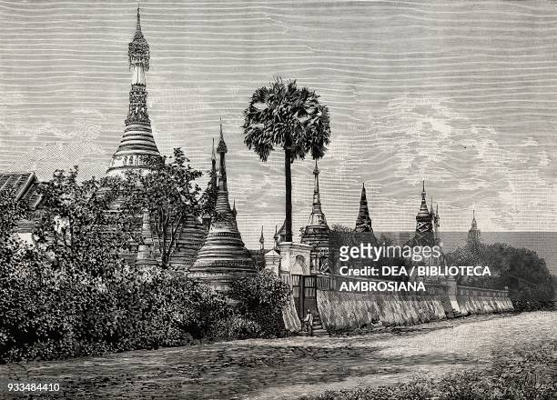 Burmese pagoda, drawing by Della Valle, engraving from L'IIllustrazione Italiana, no 8, February 19, 1882.