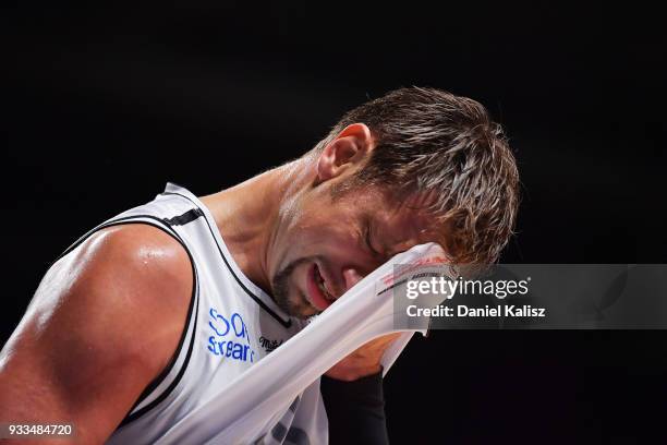 David Anderson of Melbourne United looks on dejected during game two of the NBL Grand Final series between the Adelaide 36ers and Melbourne United at...