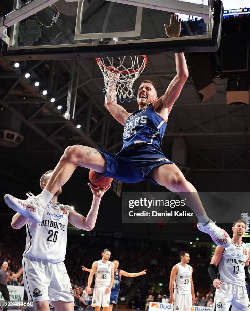 Mitch Creek of the Adelaide 36ers dunks during game two of the NBL Grand Final series between the Adelaide 36ers and Melbourne United at Titanium...