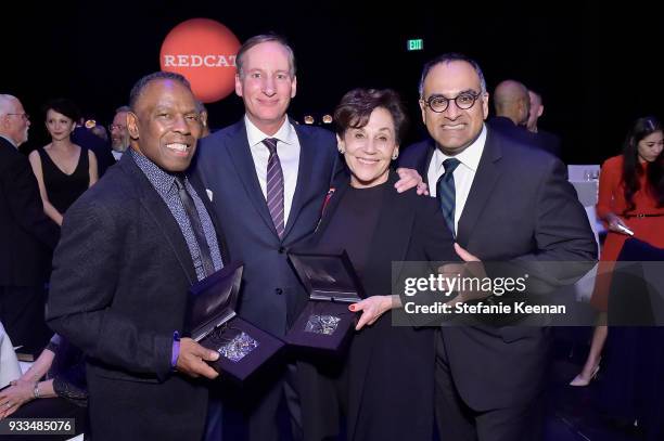 Charles Gaines, Mark Murphy, Adele Yellin and Ravi Rajan attend The CalArts REDCAT Gala Honoring Charles Gaines and Adele Yellin on March 17, 2018 in...