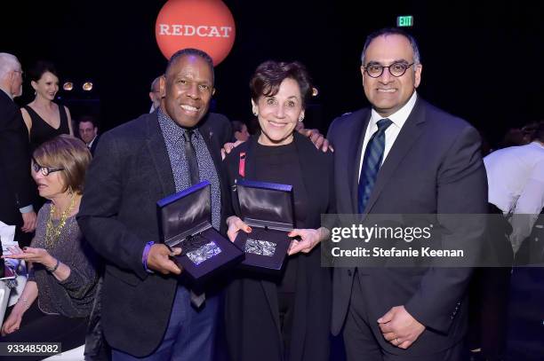 Charles Gaines, Adele Yellin and Ravi Rajan attend The CalArts REDCAT Gala Honoring Charles Gaines and Adele Yellin on March 17, 2018 in Los Angeles,...