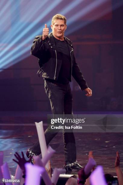 Actor and singer David Hasselhoff during the tv show 'Heimlich! Die grosse Schlager-Ueberraschung' on March 17, 2018 in Munich, Germany.