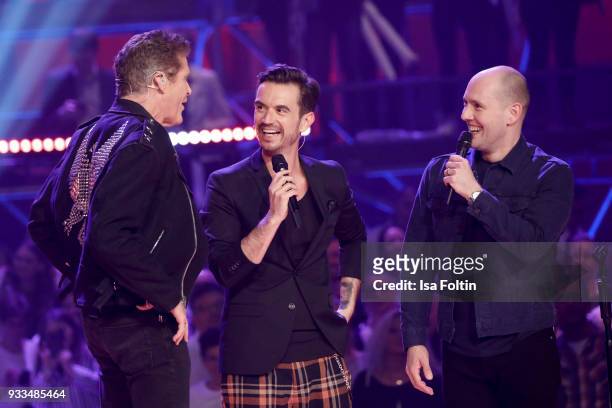 Actor and singer David Hasselhoff, German presenter and singer Florian Silbereisen and German singer and actor Oli P. During the tv show 'Heimlich!...