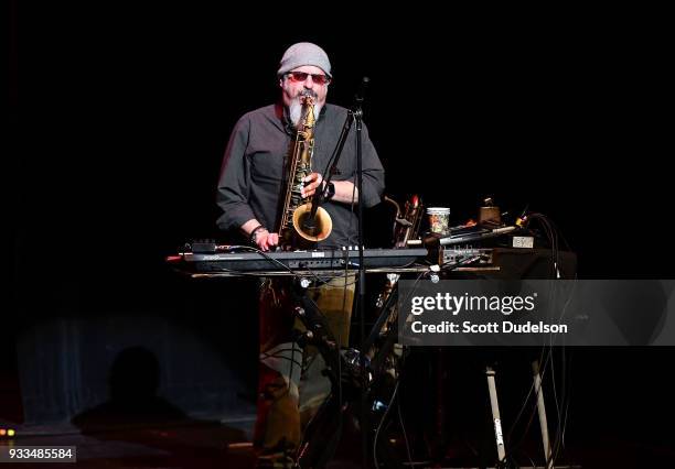 Musician/producer Steve Berlin of the band Los Lobos performs onstage at Thousand Oaks Civic Arts Plaza on March 17, 2018 in Thousand Oaks,...