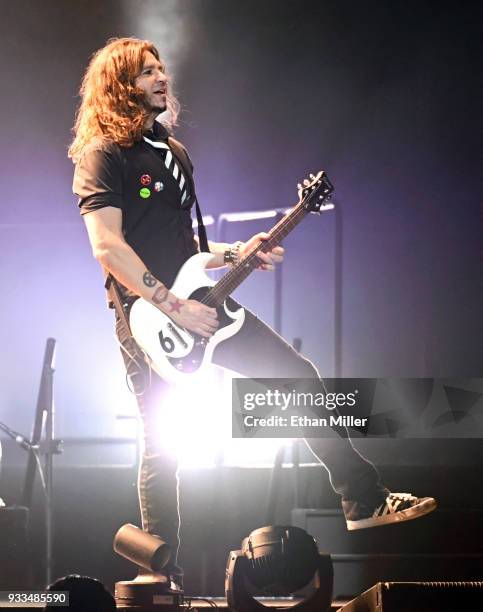 Guitarist Phil X of Bon Jovi performs during a stop of the band's This House is Not for Sale Tour at T-Mobile Arena on March 17, 2018 in Las Vegas,...