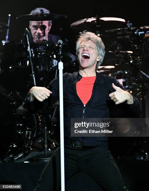 Frontman Jon Bon Jovi of Bon Jovi performs with drummer Tico Torres during a stop of the band's This House is Not for Sale Tour at T-Mobile Arena on...