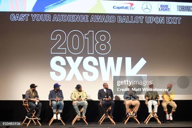 Sacha Jenkins, Dave East, Marcus A. Clarke, T.I., Rapsody, and Just Blaze attend the "Rapture" Premiere 2018 SXSW Conference and Festivals at...