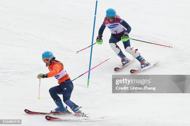 Menna Fitzpatrick of Great Britain and her guide Jennifer Kehoe competes in the Women's Slalom, Visually Impaired on day nine of the PyeongChang 2018...