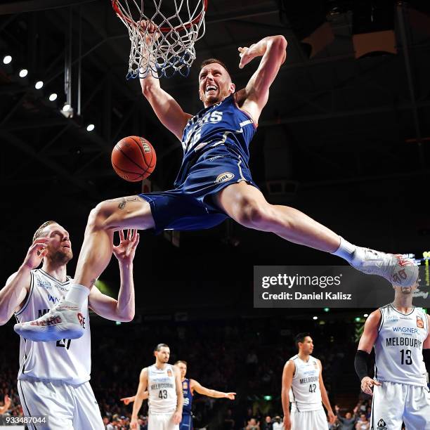 Mitch Creek of the Adelaide 36ers dunks during game two of the NBL Grand Final series between the Adelaide 36ers and Melbourne United at Titanium...