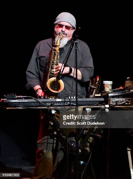 Musician/producer Steve Berlin of the band Los Lobos performs onstage at Thousand Oaks Civic Arts Plaza on March 17, 2018 in Thousand Oaks,...