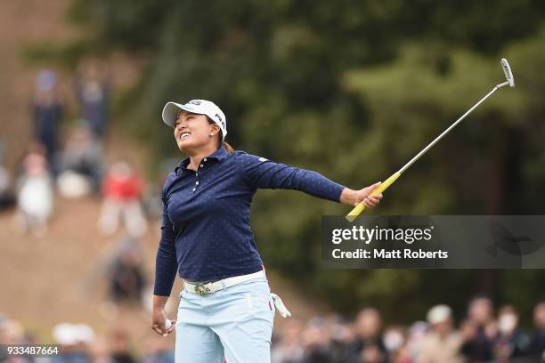 Ai Suzuki of Japan celebrates winning the T-Point Ladies Golf Tournament at the Ibaraki Kokusai Golf Club on March 18, 2018 in Ibaraki, Osaka, Japan.