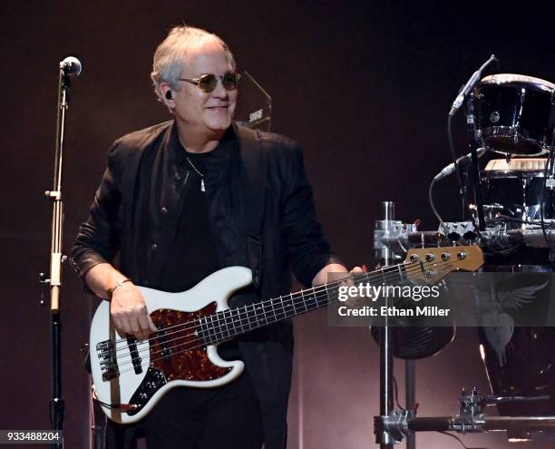 Bassist Hugh McDonald of Bon Jovi performs during a stop of the band's This House is Not for Sale Tour at T-Mobile Arena on March 17, 2018 in Las...