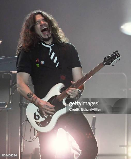 Guitarist Phil X of Bon Jovi performs during a stop of the band's This House is Not for Sale Tour at T-Mobile Arena on March 17, 2018 in Las Vegas,...