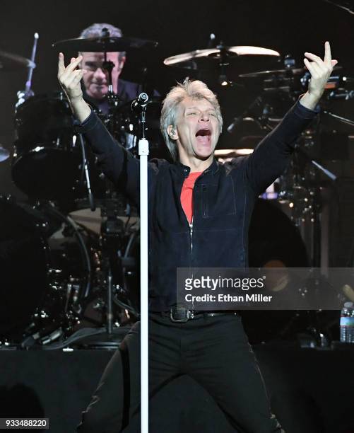 Frontman Jon Bon Jovi of Bon Jovi performs with drummer Tico Torres during a stop of the band's This House is Not for Sale Tour at T-Mobile Arena on...