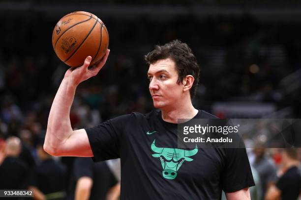 Omer Asik of Chicago Bulls is seen as a substitute player during the NBA basketball match between Chicago Bulls and Cleveland Cavaliers at the United...