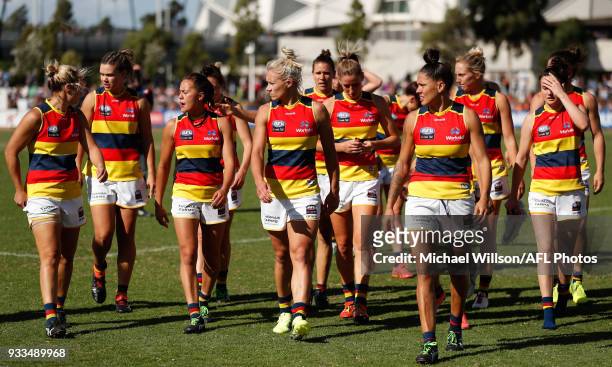 The Crows look dejected after a loss during the 2018 AFLW Round 07 match between the Collingwood Magpies and the Adelaide Crows at Olympic Park Oval...