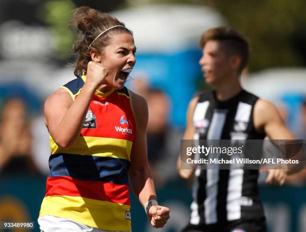 Jenna McCormick of the Crows celebrates a goal during the 2018 AFLW Round 07 match between the Collingwood Magpies and the Adelaide Crows at Olympic...