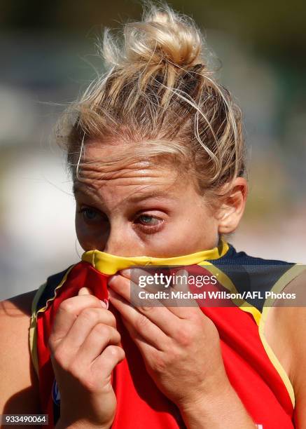 Marijana Rajcic of the Crows looks dejected after a loss during the 2018 AFLW Round 07 match between the Collingwood Magpies and the Adelaide Crows...