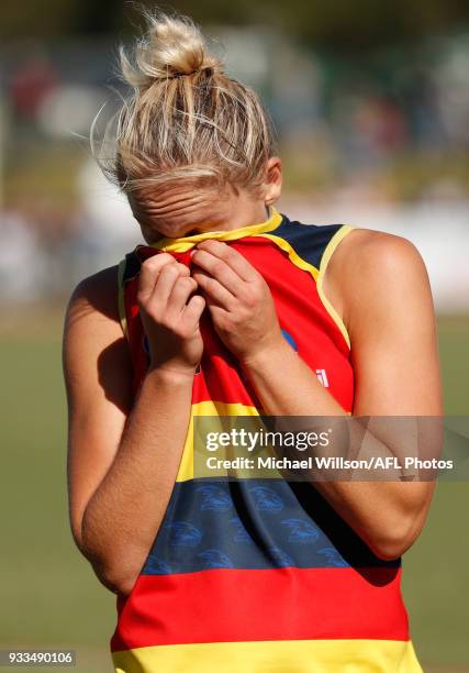 Marijana Rajcic of the Crows looks dejected after a loss during the 2018 AFLW Round 07 match between the Collingwood Magpies and the Adelaide Crows...