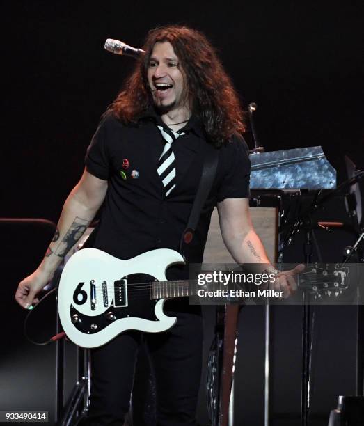 Guitarist Phil X of Bon Jovi performs during a stop of the band's This House is Not for Sale Tour at T-Mobile Arena on March 17, 2018 in Las Vegas,...