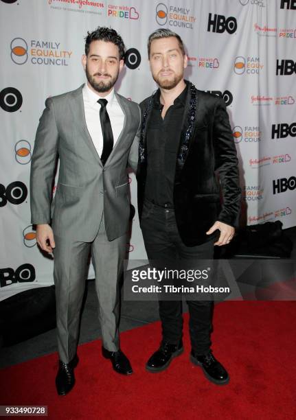 Michael Turchin and Lance Bass attend the Family Equality Council's annual Impact Awards at The Globe Theatre on March 17, 2018 in Universal City,...