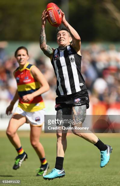 Cecilia McIntosh of the Magpies marks during the round seven AFLW match between the Collingwood Magpies and the Adelaide Crows at Olympic Park on...