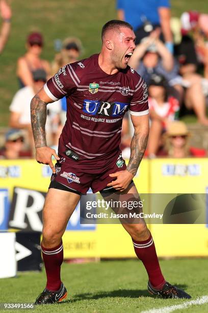 Curtis Sironen of the Sea Eagles celebrates scoring a try during the round two NRL match between the Manly Sea Eagles and the Parramatta Eels at...