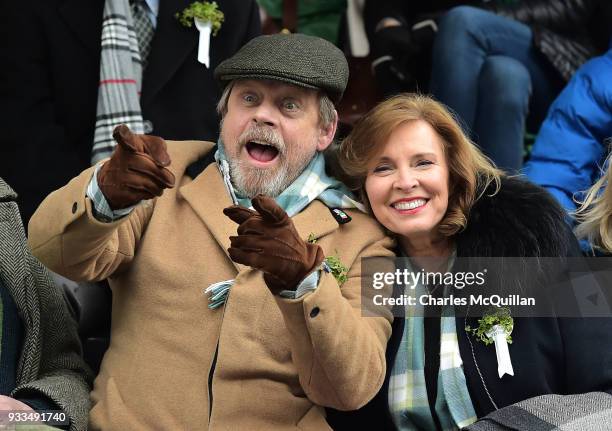 Actor Mark Hamill pictured with his wife Mary Lou Hamill watch as guests from the Presidents grandstand as the annual Saint Patrick's day parade...