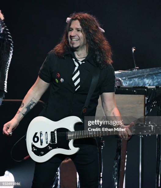 Guitarist Phil X of Bon Jovi performs during a stop of the band's This House is Not for Sale Tour at T-Mobile Arena on March 17, 2018 in Las Vegas,...