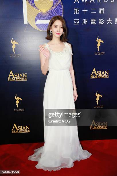 South Korean actress and singer Yoona Im Yoon-ah poses on the red carpet of the 12th Asian Film Awards at the Venetian Hotel on March 17, 2018 in...