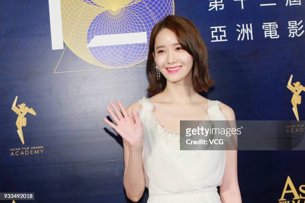 South Korean actress and singer Yoona Im Yoon-ah poses on the red carpet of the 12th Asian Film Awards at the Venetian Hotel on March 17, 2018 in...