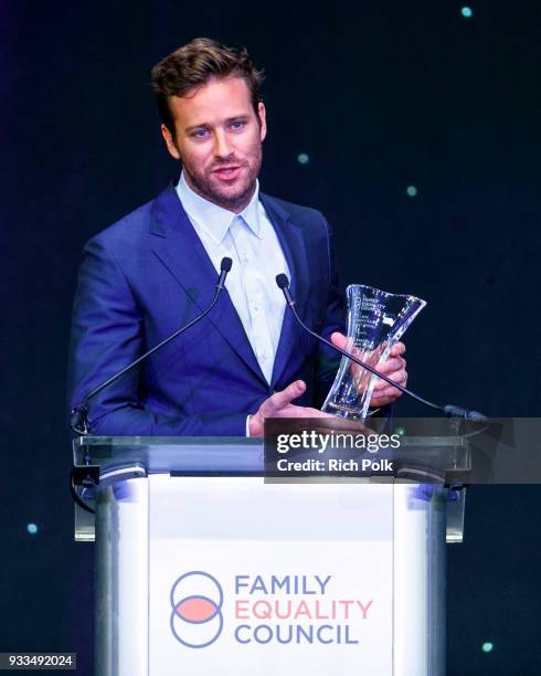 Actor Armie Hammer speaks on stage at the 'Family Equality Council's Impact Awards' at The Globe Theatre at Universal Studios on March 17, 2018 in...