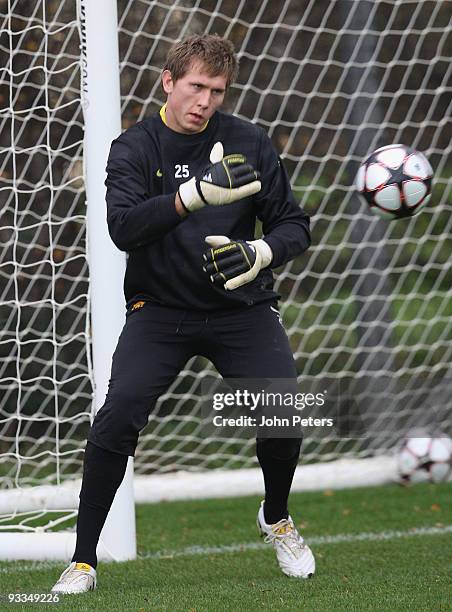 Tomasz Kuszczak of Manchester United in action during a First Team Training Session at Carrington Training Ground on November 24 2009 in Manchester,...