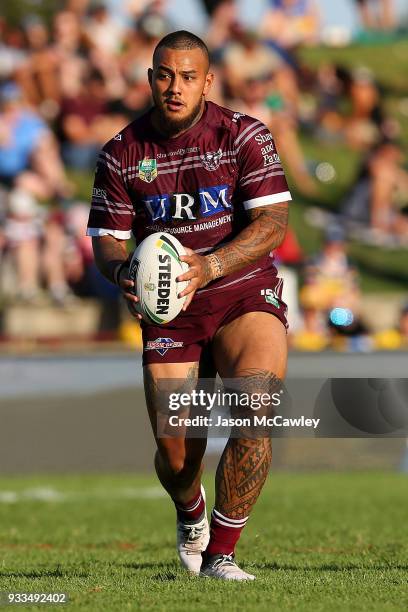 Addin Fonua-Blake of the Sea Eagles runs the ball during the round two NRL match between the Manly Sea Eagles and the Parramatta Eels at Lottoland on...