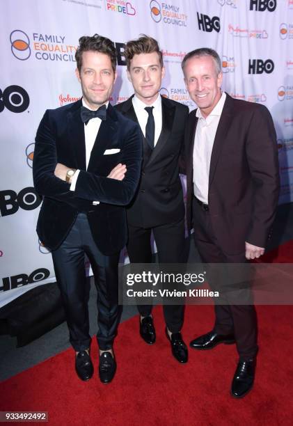 Nate Berkus, Jeremiah Brent and CEO of Family Equality Council Stan Sloan attend Family Equality Council's Impact Awards at the Globe Theatre,...