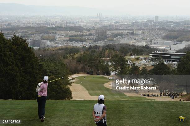 Mayu Hattori of Japan hits her tee shot during the final round of the T-Point Ladies Golf Tournament at the Ibaraki Kokusai Golf Club on March 18,...