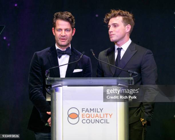 Nate Berkus and Jeremiah Brent speak on stage at the 'Family Equality Council's Impact Awards' at The Globe Theatre at Universal Studios on March 17,...