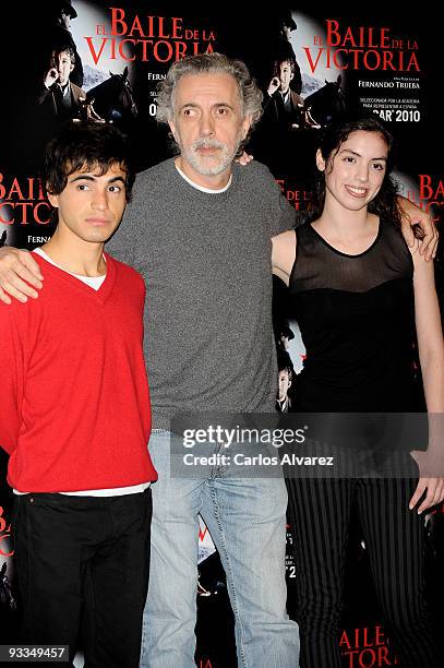 Actor Abel Ayala, Spanish director Fernando Trueba and actress Miranda Bodenhofer attend "El Baile de la Victoria" photocall at Palafox cinema on...