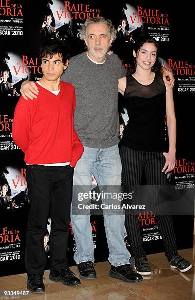 Actor Abel Ayala, Spanish director Fernando Trueba and actress Miranda Bodenhofer attend "El Baile de la Victoria" photocall at Palafox cinema on...