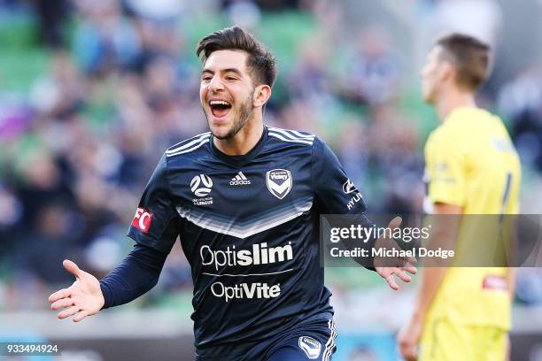 Christian Theoharous of the Victory celebrates after he scored a goal during the round 23 A-League match between the Melbourne Victory and the...