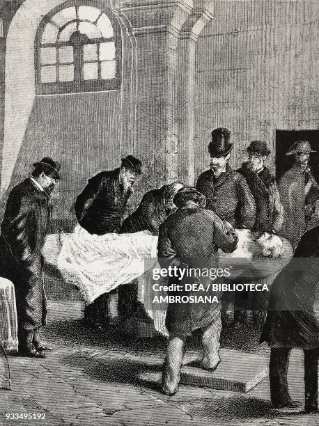 Autopsy on Count Faella's body, Bologna, Italy, drawing by Bersani, engraving from L'IIllustrazione Italiana, no 10, March 5, 1882.