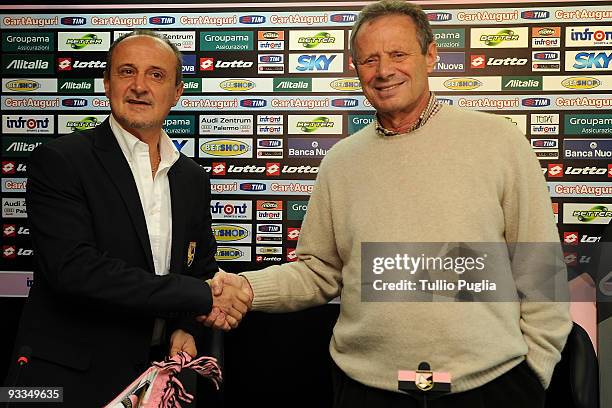 Delio Rossi new coach of Palermo and President Maurizio Zamparini pose before a press conference at Stadio Renzo Barbera on November 24, 2009 in...