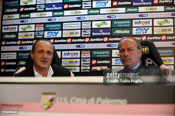 Delio Rossi coach of US Citta di Palermo answers questions as Sport Manager Walter Sabatini looks on during a press conference at Stadio Renzo...