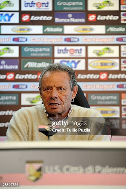 Maurizio Zamparini President of US Citta di Palermo answers questions during a press conference at Stadio Renzo Barbera on November 24, 2009 in...