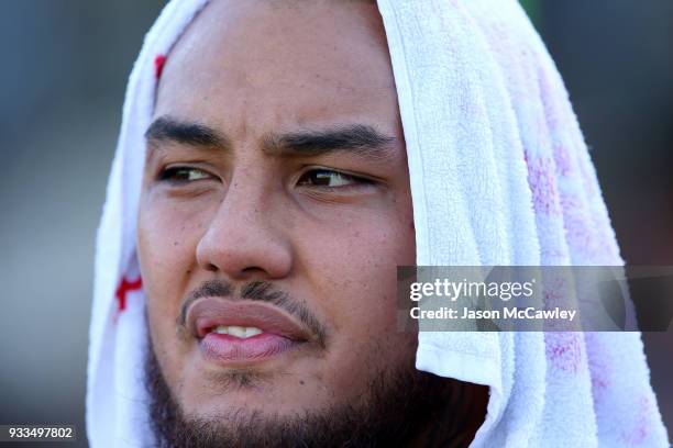 Addin Fonua-Blake of the Sea Eagles cools down during the round two NRL match between the Manly Sea Eagles and the Parramatta Eels at Lottoland on...