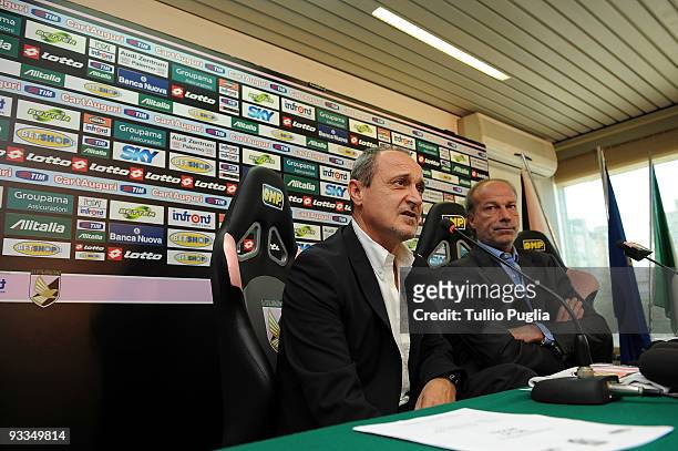 Delio Rossi coach of US Citta di Palermo answers questions as Sport Manager Walter Sabatini looks on during a press conference at Stadio Renzo...