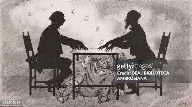 A gentleman consults his ancestors during a seance to get the lottery numbers, illustration from Fliegende Blaetter, humour and satire magazine, No...