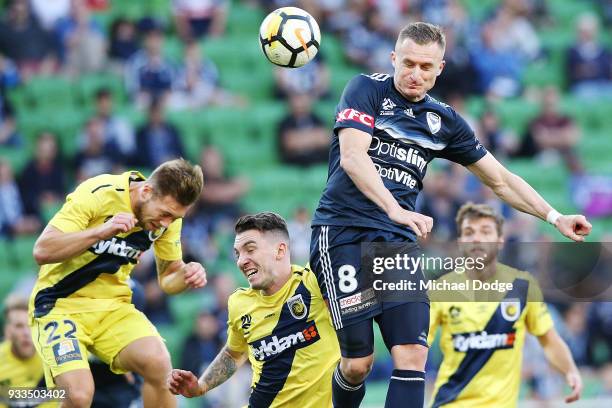 Besart Berisha of the Victory heads the ball at goal during the round 23 A-League match between the Melbourne Victory and the Central Coast Mariners...